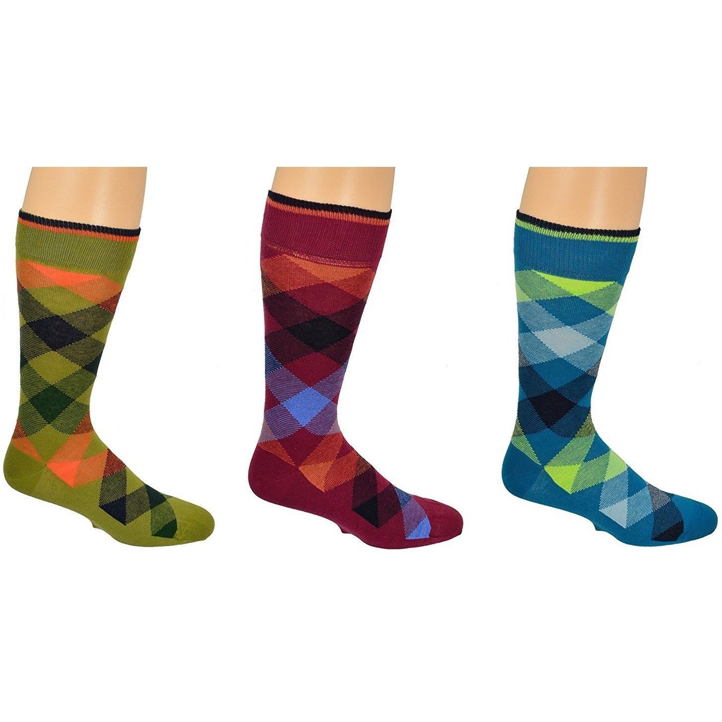 3 Pair Pack Men's Dress Casual Combed Cotton Crew Argyle Socks